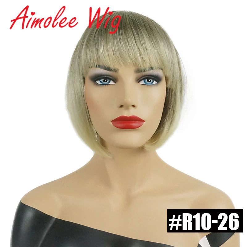 Short Straight Bob Style Wigs with Bangs Brown Black Blonde Highlights 70% Human Hair Blend Synthetic Women Wigs