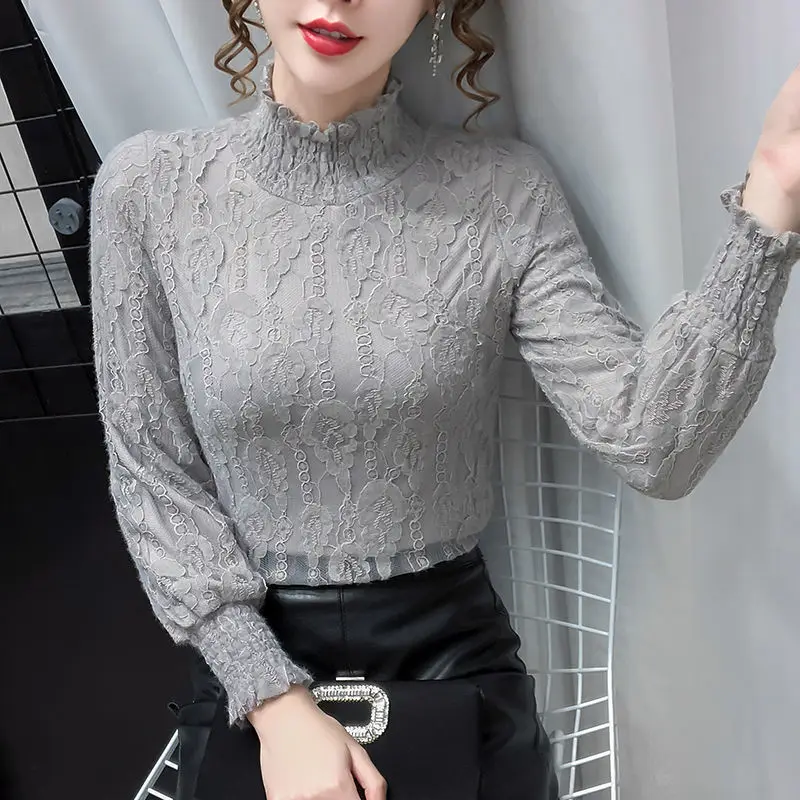 

2021 Autumn Winter Plus Velvet Thick Warm Women Lace Bottom Shirt Female High Collar Long Sleeve Loose Tops Folds Blouses Y263