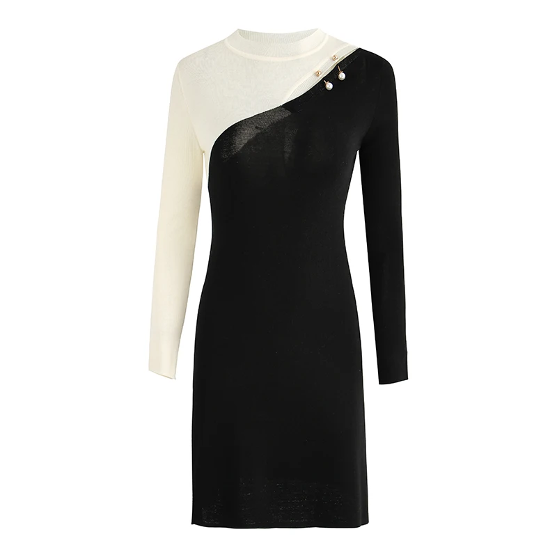 

Top Luxury Wool Blend Fall Casual Dresses Colorblock Long Sleeve Split Shoulder Straight Fashion Woman Dresses New Arrivals 2021
