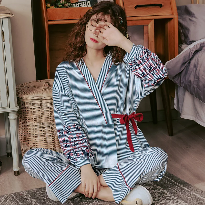 

2020 New Autumn Pyjamas Women Girl Pajama Sets Lovely Striped Print Japanese Kimonos For Plus Size
