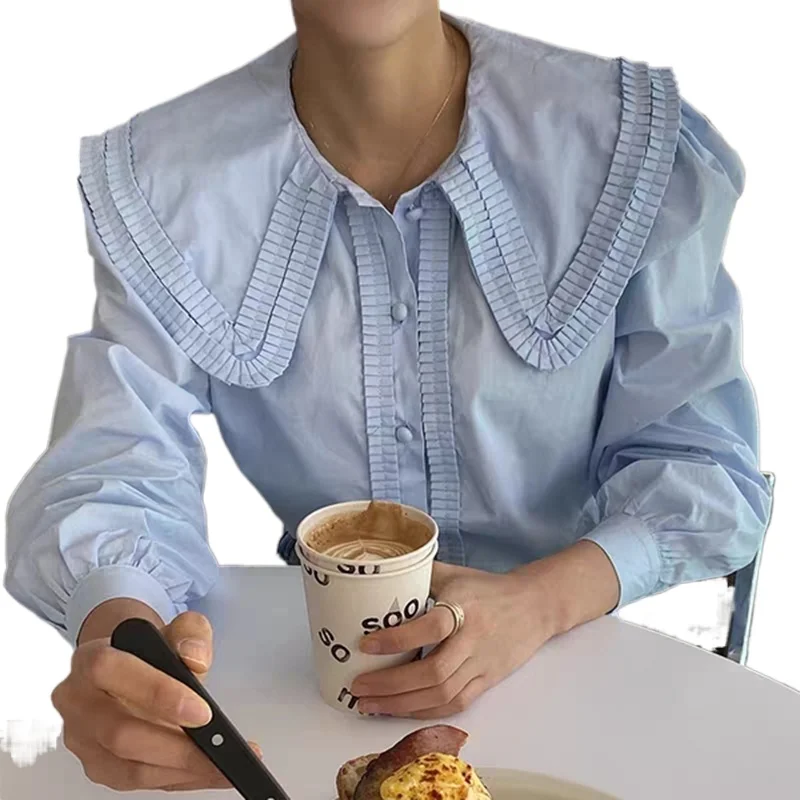 Рубашка женская с отложным воротником и рукавами фонариками однотонная