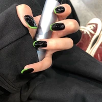 24pcsset french black and green fake nails full cover fake nails glue diy manicure nail art tools