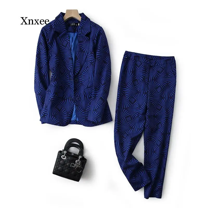 Spring Autumn Print  Professional Suit Temperament Commuter Women's New Fashion Satin Slim Trousers Two-Piece Set