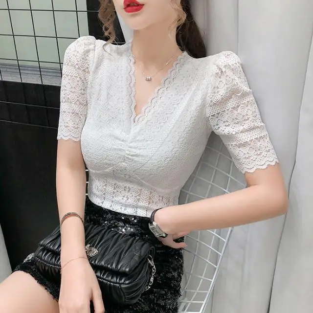 

Women's summer short sleeve shirt with V-neck hollow out bubble sleeve T-shirt