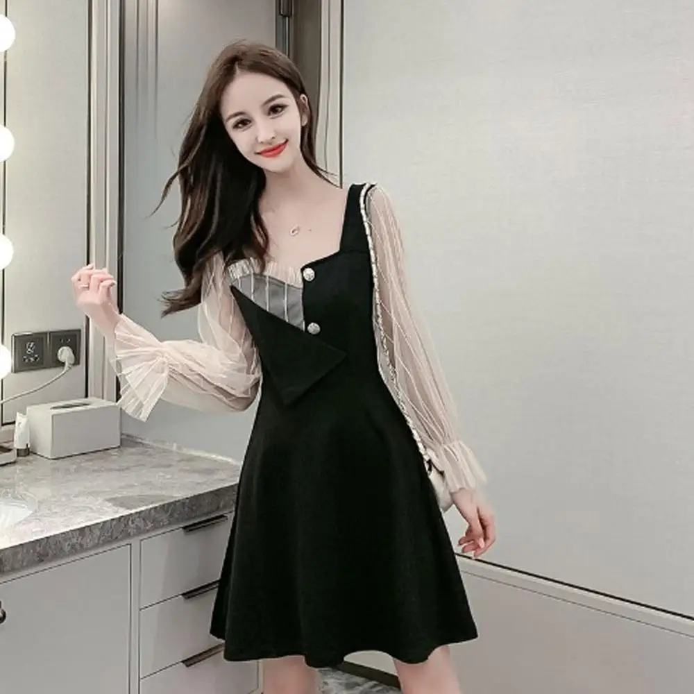 Женское винтажное платье средней длины элегантное черное с длинными