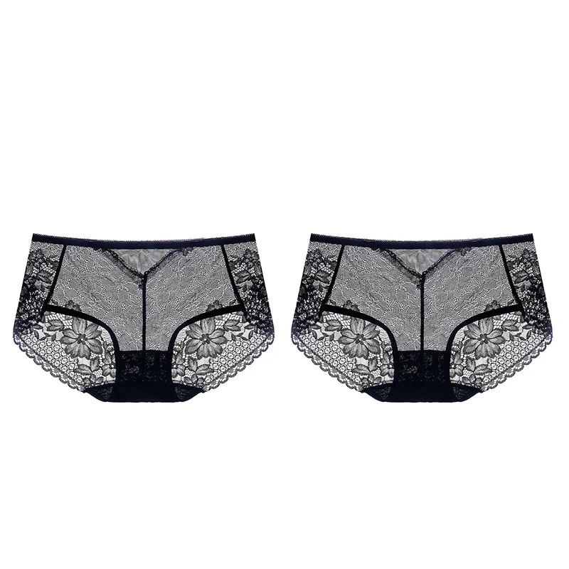 black 2pcs Meizimei, сексуальные цветочные женские штаны, кружевное белье, Ультра тонкое, короткие, хлопковые, прозрачные, размера плюс, трусики, нижнее белье, 2 шт, M, L, XL Размер - Цвет: black 2pcs