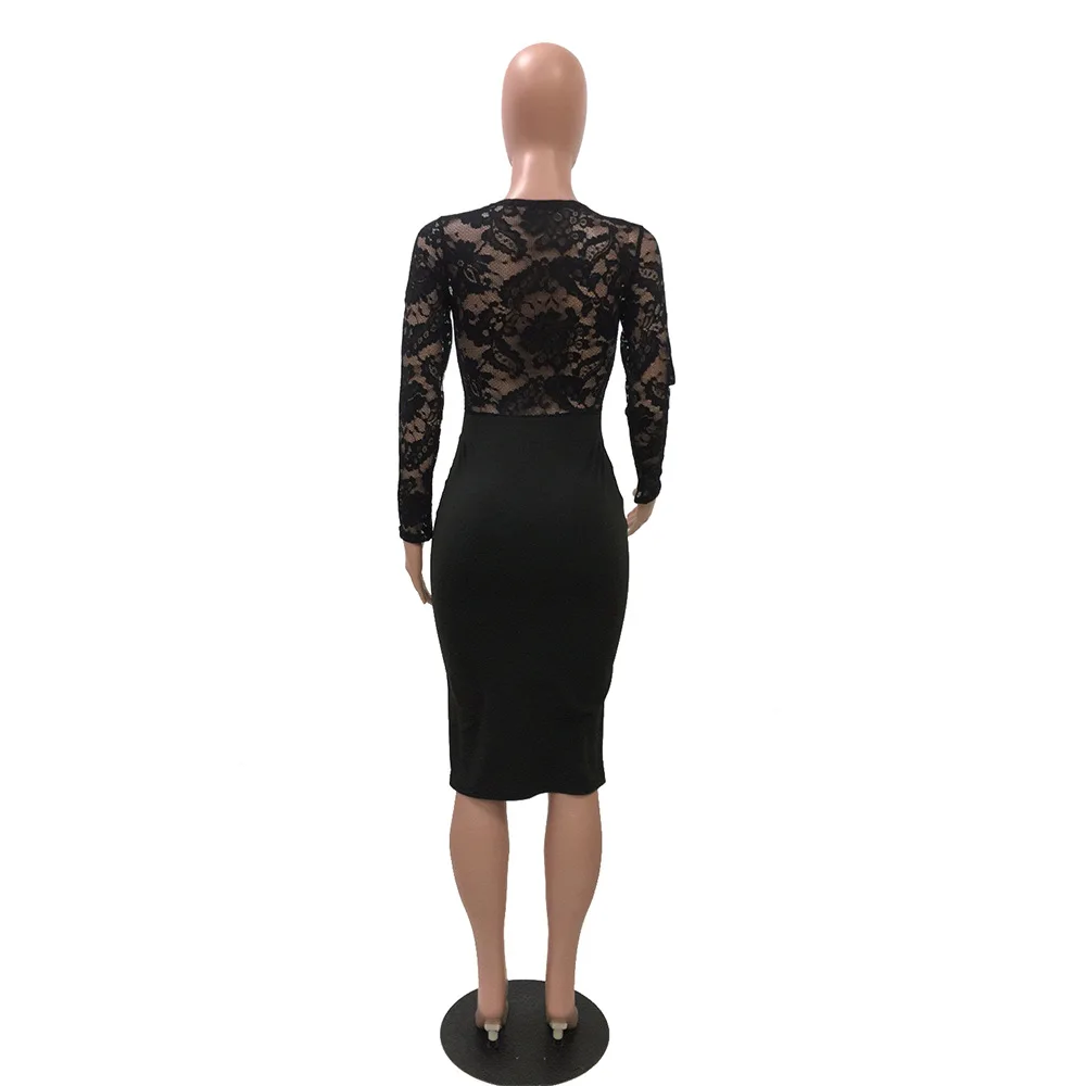 

Balck Lace Patchwork Bodycon Dress Woman Long Sleeve O-neck Sexy Perspective Night Club Party Bandage Dresses Vestidos