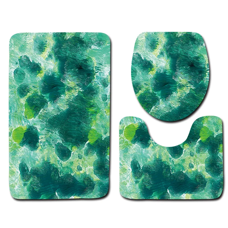 

3pcs Bath Mat Set Decoration Green painted pattern Bathroom Rug Anti Slip Toilet Mat Set Bathroom Products