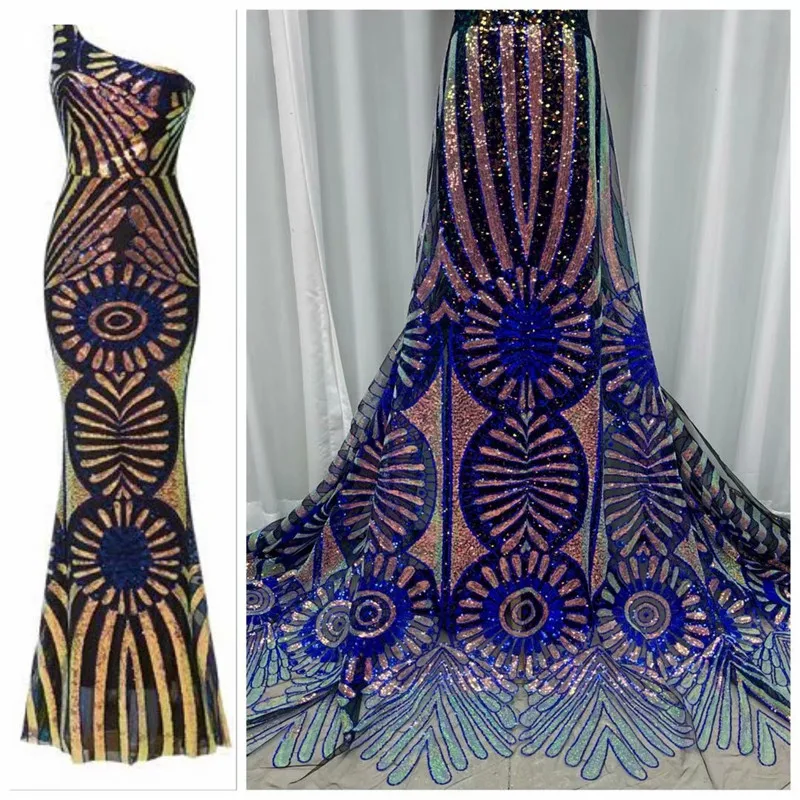 

Newest Arrival Royal Blue/gold Lace Fabrics African Sequence Lace Fabric High Quality Nigerian Sequins Lace Fabric for Sewing