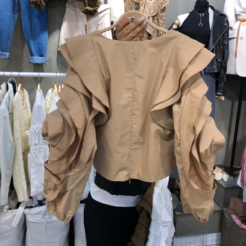 

Ruffles Spring Blouse Shirt Women Square Collar Long Sleeve Casual White Tops Korean Loose Casual Zipper Outwear Streetwear C112