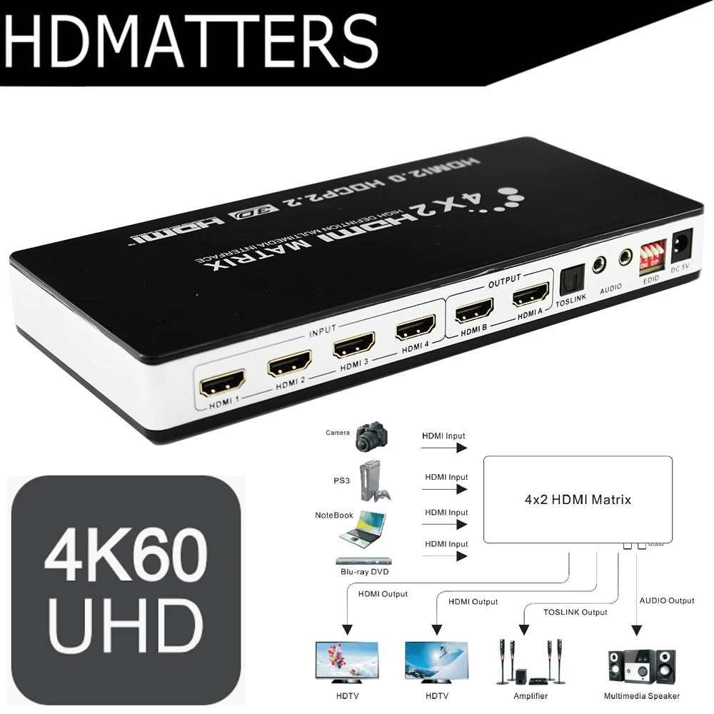 HDMI 2,0 Matrix 4X2 4K 60hz HDR HDCP 2,2 HDMI matrix 4 in 2 out Switcher splitter box с toslink цифровым аудио и стерео аудио