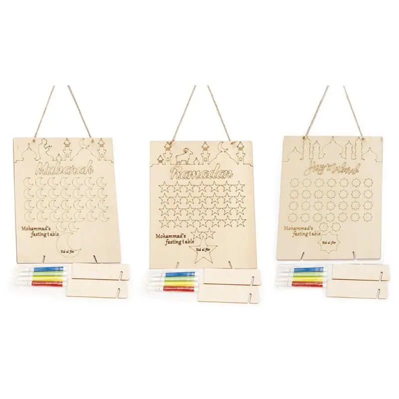 

Wooden Ramadan Countdown Calendar DIY Graffiti EID Mubarak Decoration with Pens Muslim Party Supply