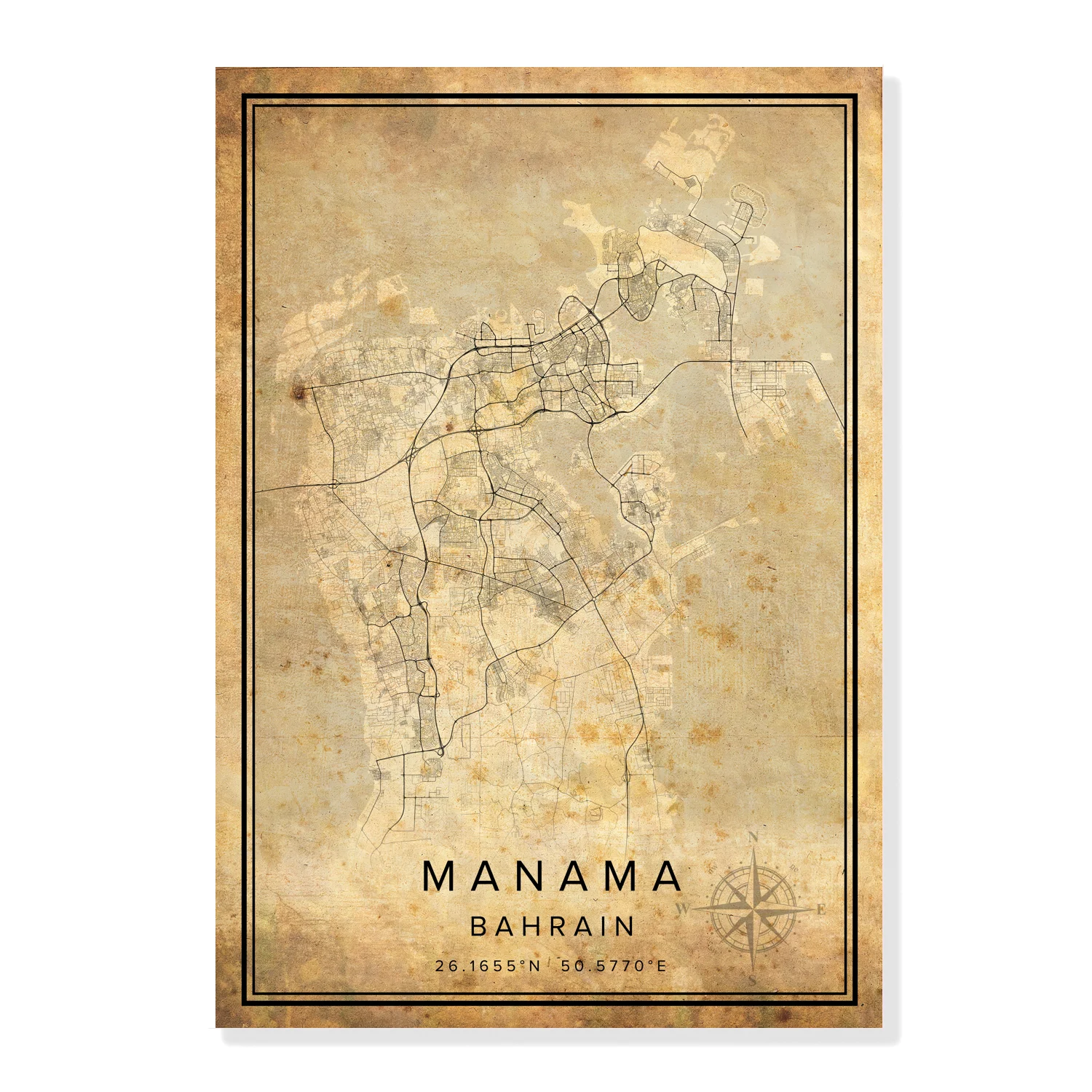 

MANAMA City Vintage Map Print Bahrain City Road Map Poster Canvas Wall Art