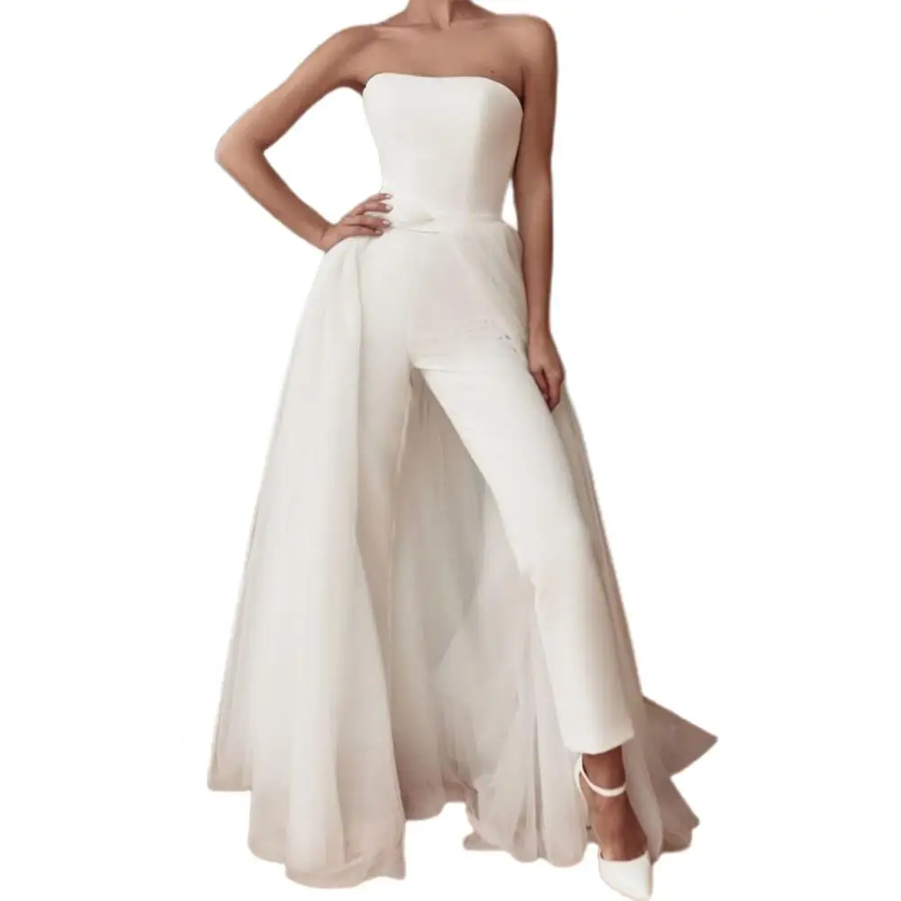 

Female Fashionable White Tulle Strapless Backless Jumpsuit Elegant Strapless Jumpsuit Sexy for Party
