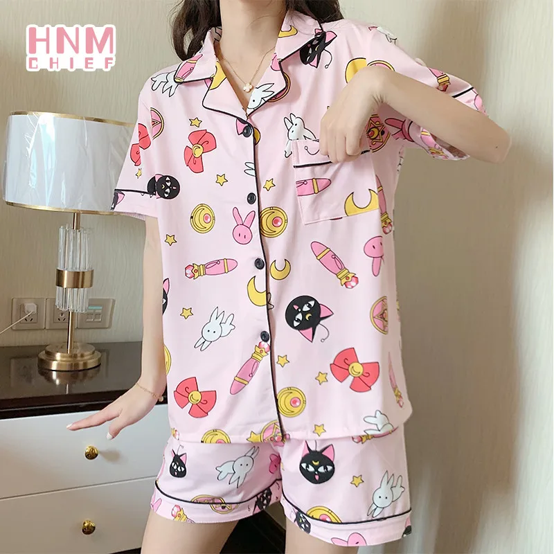

Summer Short Sleeve Pajama Sets Casual Cartoon Sleepwear Pink Lapel Cardigan Nightgown Sailor Cute Moon Print Women Pajamas Sets