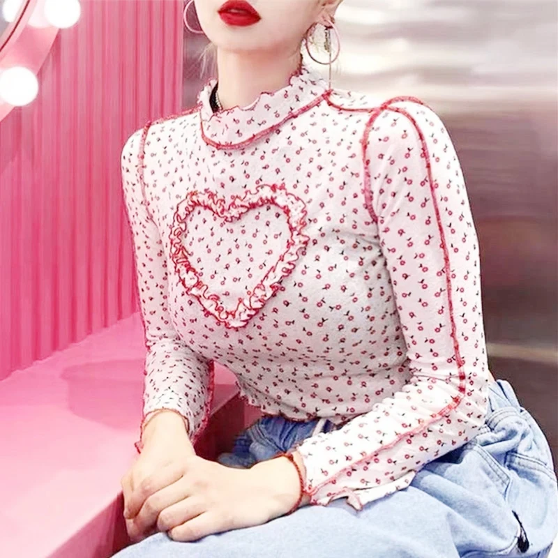 

Girl Aesthetics Floral Stitch Heart Cropped Tops Fashion Ruffles Long Sleeve T-Shirts Sweet Vintage Outfits Slim