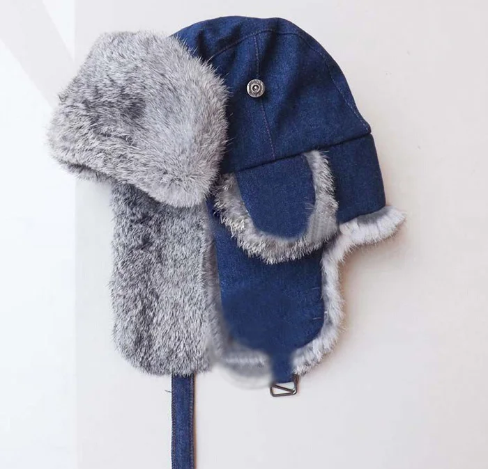 Top Quality Men's Bomber Hat With Ears Women Winter 100% Rabbit Fur Hat Warm Russian Hat gorros