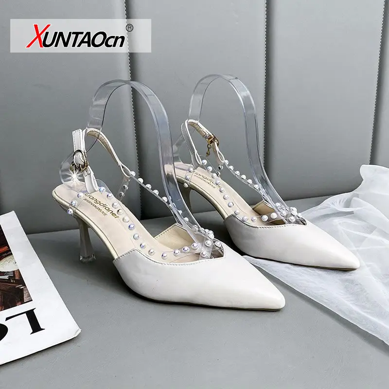 Fashion Pearl Buckle Stiletto Heels Pumps Women Sexy Slingbacks Pointed Teo Party Shoes Women Patchwork Pvc Sandals Lady