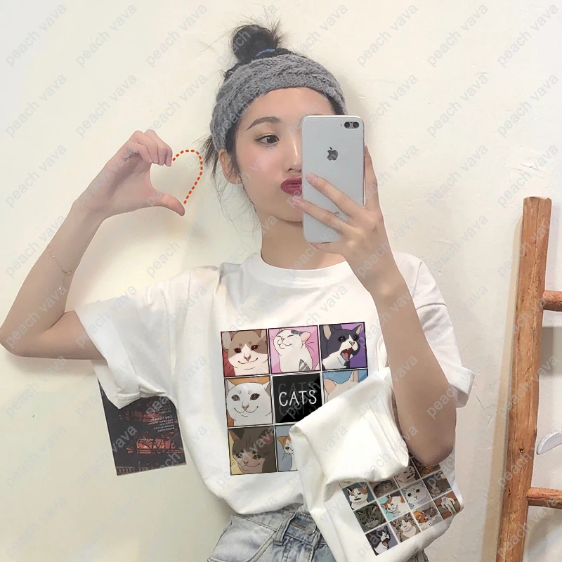 Симпатичная забавная Повседневная Свободная футболка kawaii cat Harajuku японский