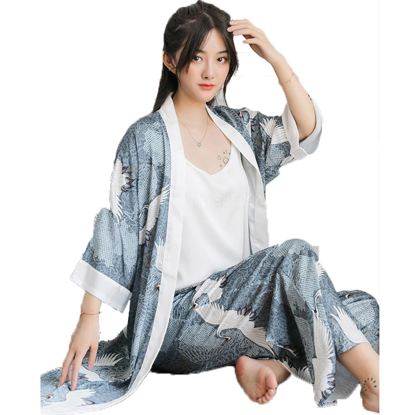 

Japanese Kimono Robe Women Satin Printing Pajamas Suit Simulation Silk Suspender Trousers Homewear Casual Yukata Nightgown Robe
