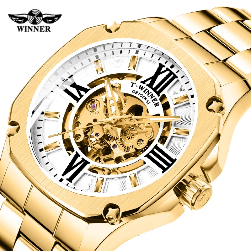 Top Brand WINNER Mens Automatic Watch Golden Hollow Skeleton Stainless Steel Watches Male Waterproof Mechanical Clock Dropship | Наручные