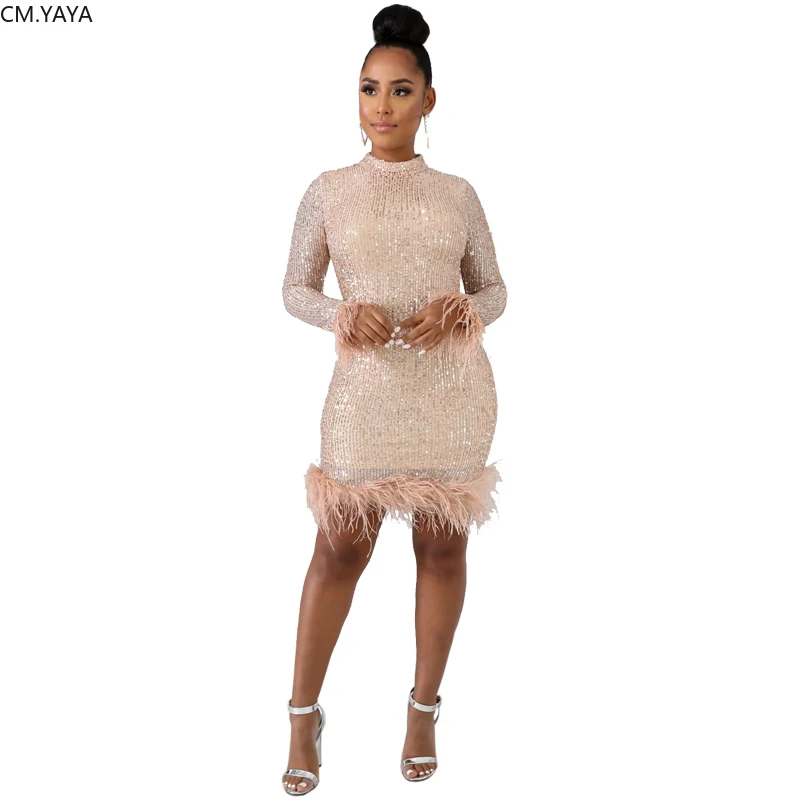 GL Autumn Winter Women O-Neck Long Sleeve Sequined Above Knee Dress Sexy Night Club Feather Bandage Mini Dresses CY8143 | Женская одежда