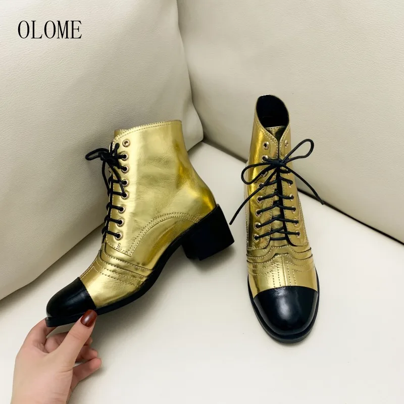 OLOME; Новинка; Модные женские ботильоны; Цвет черный, золотой; женские ботинки с круглым носком, на шнуровке, на среднем массивном каблуке; сезон осень-зима; женская обувь