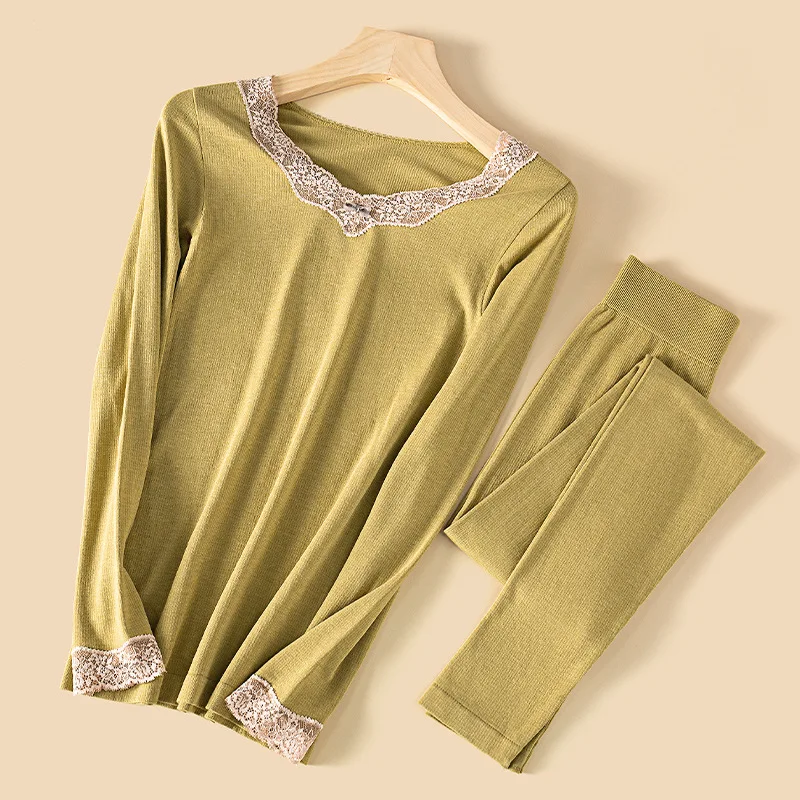 Qiu Dong Flocking Underwear, Female Constant Temperature Heating Wool V-neck Lace Long Johns Girl Suits Thermal Underwear Women