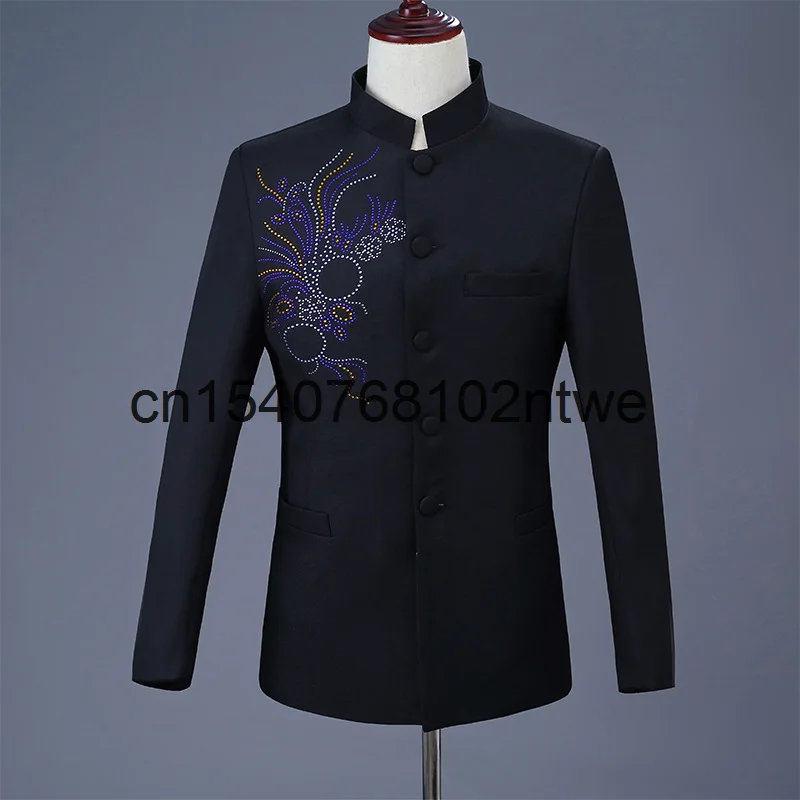 

Men's black stand collar Zhongshan suit sticking Diamond Dress Republic of China May 4th Youth suit stage chorus performance