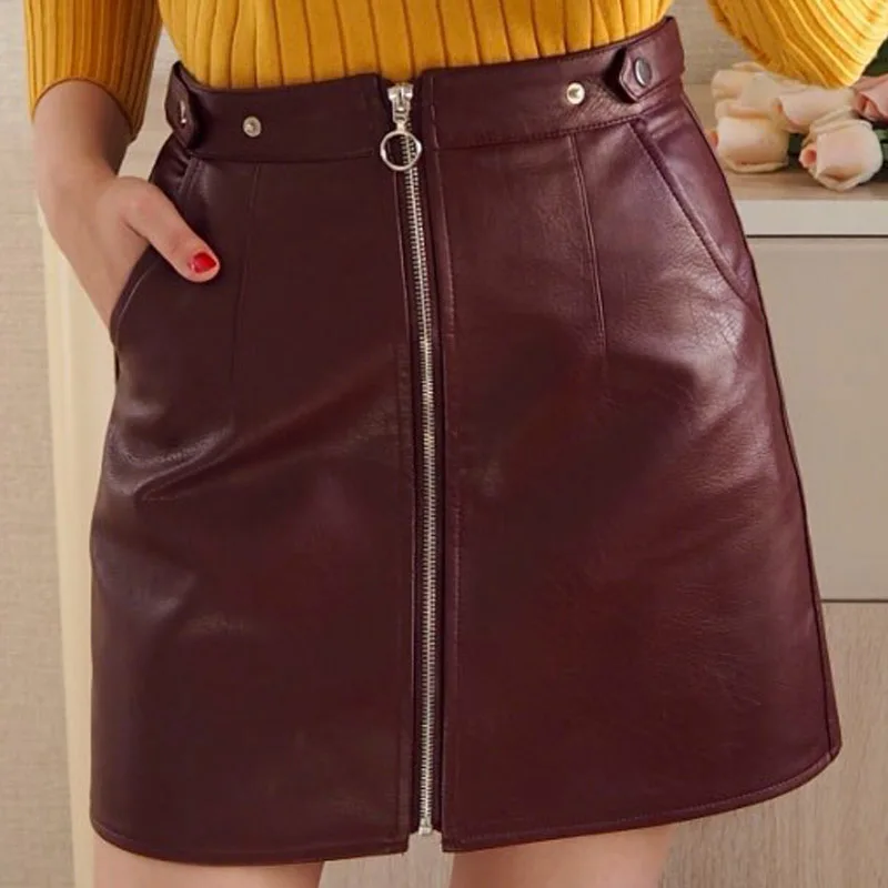 

New Fashion spring European and American style Red Short skirts womens wholesale high waist pocket zipper PU leather skirt