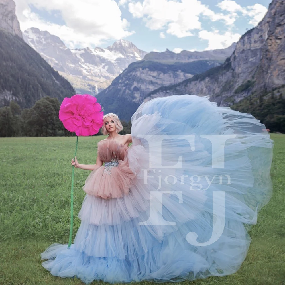 

2021 Multicolor Prom Gown Strapless Ruffled Puffy Tulle Evening Formal Dress Celebrity Pageant Dresses robe de soiree платье