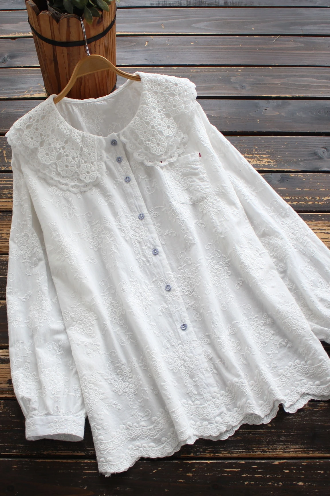 

new spring women's sweet Double-layer collar embroidery cotton shirt top long sleeve shirt