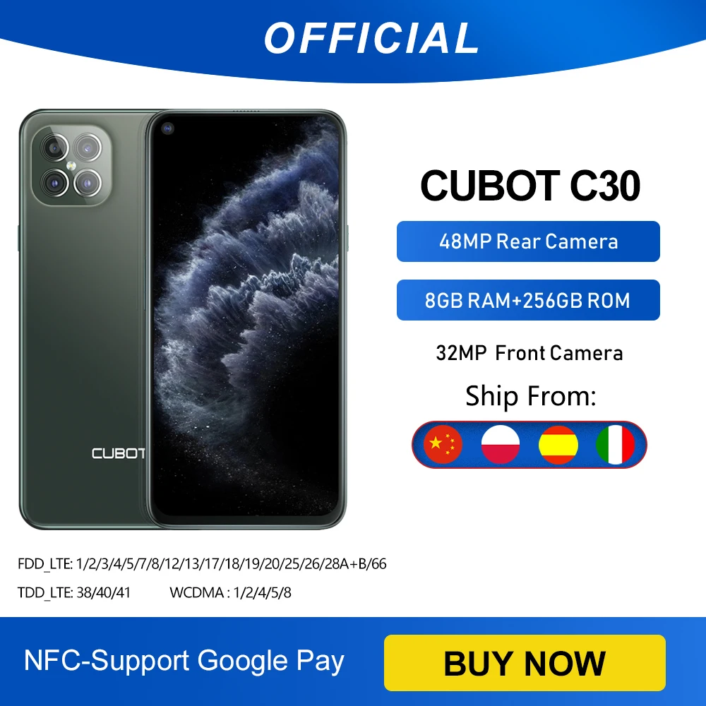 Перейти на Алиэкспресс и купить Cubot C30 48MP Quad Camera смартфон Четыре камера 8 ГБ + 256 ГБ 32MP селфи Фронтальная камера Глобальная Версия 4G LTE Helio P60 NFC 6,4дюймFHD + безрамочный экран 4200 мАч ...