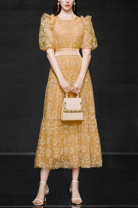 

2021 Fashion Elegant Retro Dress Fungus Puff Sleeve High Waist Slimming Large Hem Dress Fairy Mesh Temperament Fresh Midi Dress