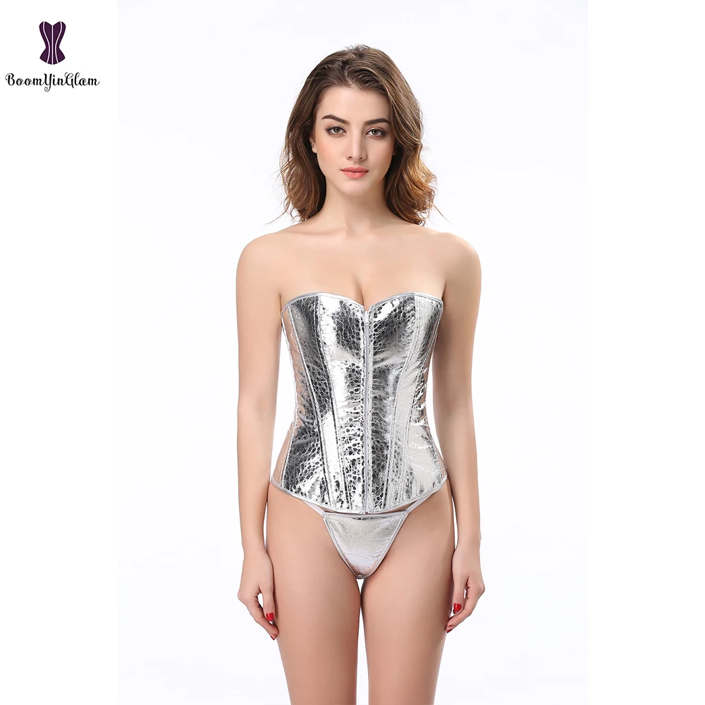 

Women Overbust Corset Top Steampunk Gothic Silver Lace up Waist Bustier Cincher Underwear Corselet