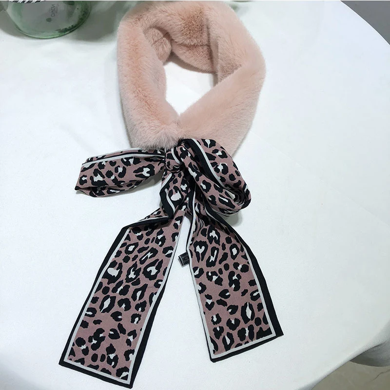 dark pink Леопардовый принт, искусственный кроличий мех, воротник, шарф, плюш, шелк, теплая зимняя шаль, шарфы, роскошный бренд, облегающий шелковый шарф, женский шарф - Цвет: dark pink