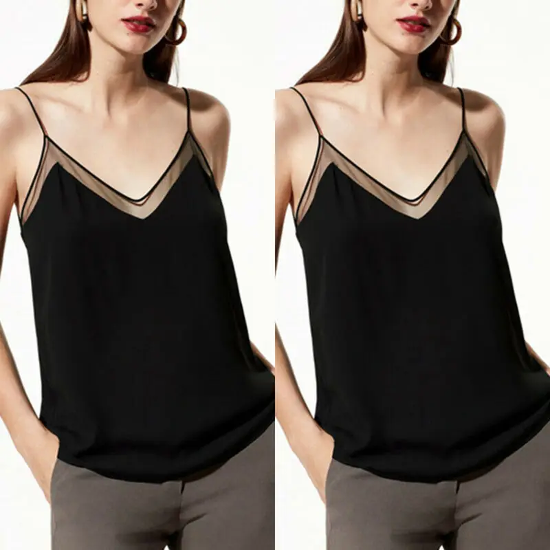 Женские топы с кружевной отделкой бретельками и v-образным вырезом шифоновые