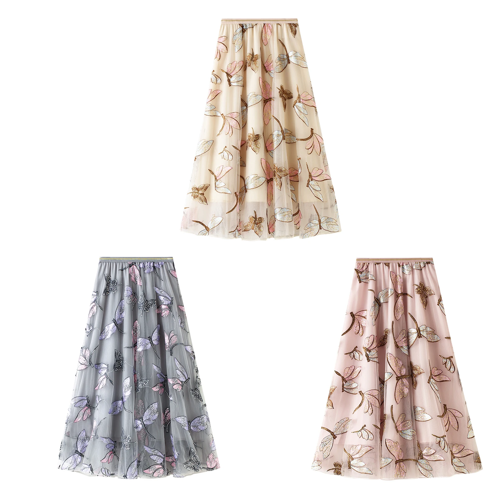 

Y2K Женская трапециевидная юбка из тюля, повседневная сетчатая юбка миди с высокой талией и вышивкой стрекозы