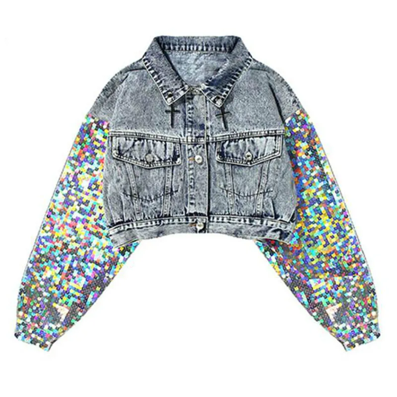 

Handmade Sequins Fashion Denim Jacket Women's Jeans Slim Short Shimmer Spliced Jeans Coat Casual Girls Outwear Jeans Jacket