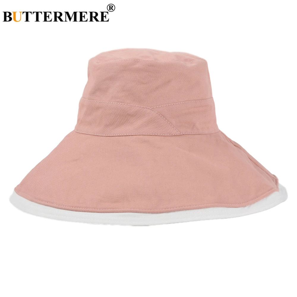 BUTTERMERE Double-sided Reversible Women Bucket Hat Cotton Black Wide Bim Sun Protection Caps for Ladies Solid Fisherman Hat