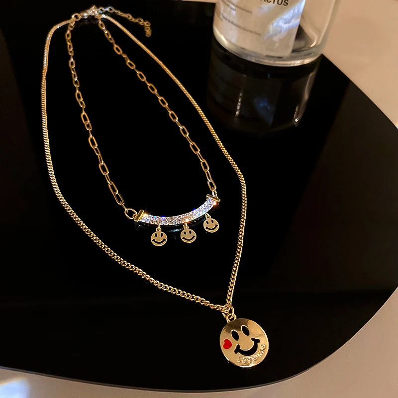 

New Popular Design Smiley Pendant Double Layer Chain Necklace for Women Girl Jewelry AAA Zircon Weddings Birthday Party Gift