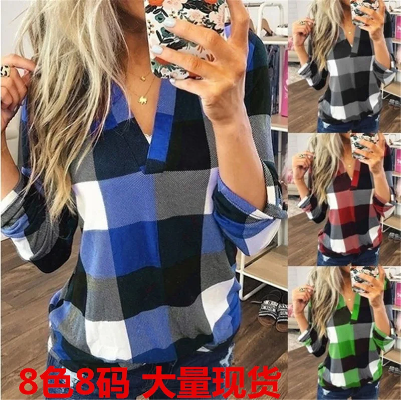 

European and American Women's New Hot Sale Spring and Autumn Shirts Plaid Printed V-neck Long-sleeved Tops T-shirts Casual