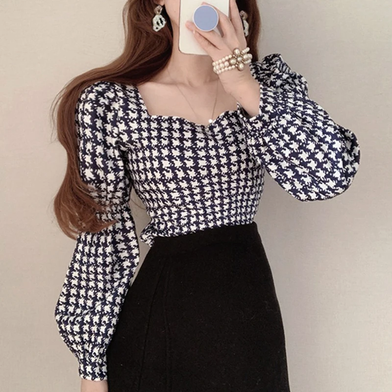 

Nowsaa Korean Square Collar Clavicle Exposed Slimm Fit Blouse Women Vintage Black White Houndstooth Blusas Long Sleeve Shirt