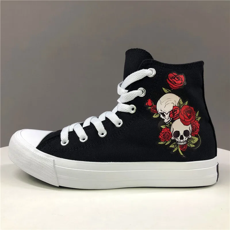 

Wen Design Skulls Flower Vines Red Rose Multifloras Floral Canvas Shoes Black White High Top Women Men's Outdoor Sport Sneakers