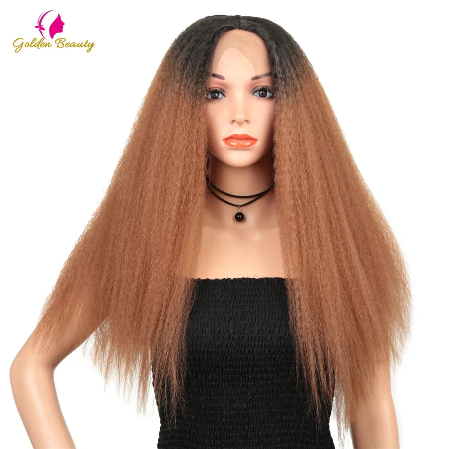 Золотой красота 28 дюймов длинные афро кудрявые прямые парики синтетические волосы Yaki прямой парик жаропрочные для женщин