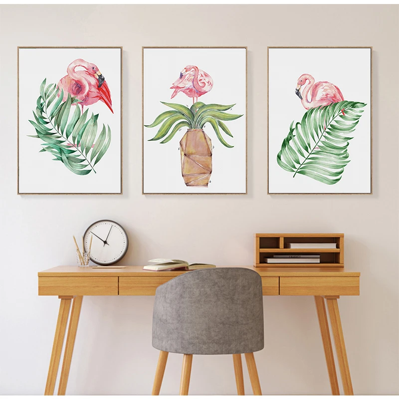 Зеленые растения лист и фламинго постер для детской комнаты принты настенная