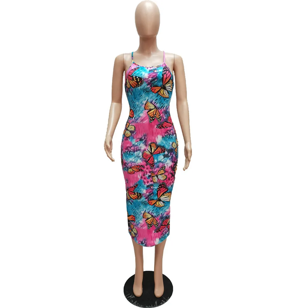 

Tie Dye Letter Butterfly Print Party Club Dress Women Spaghetti Strap Sleeveless Skinny Dress Summer Cross Backless Beach Robe