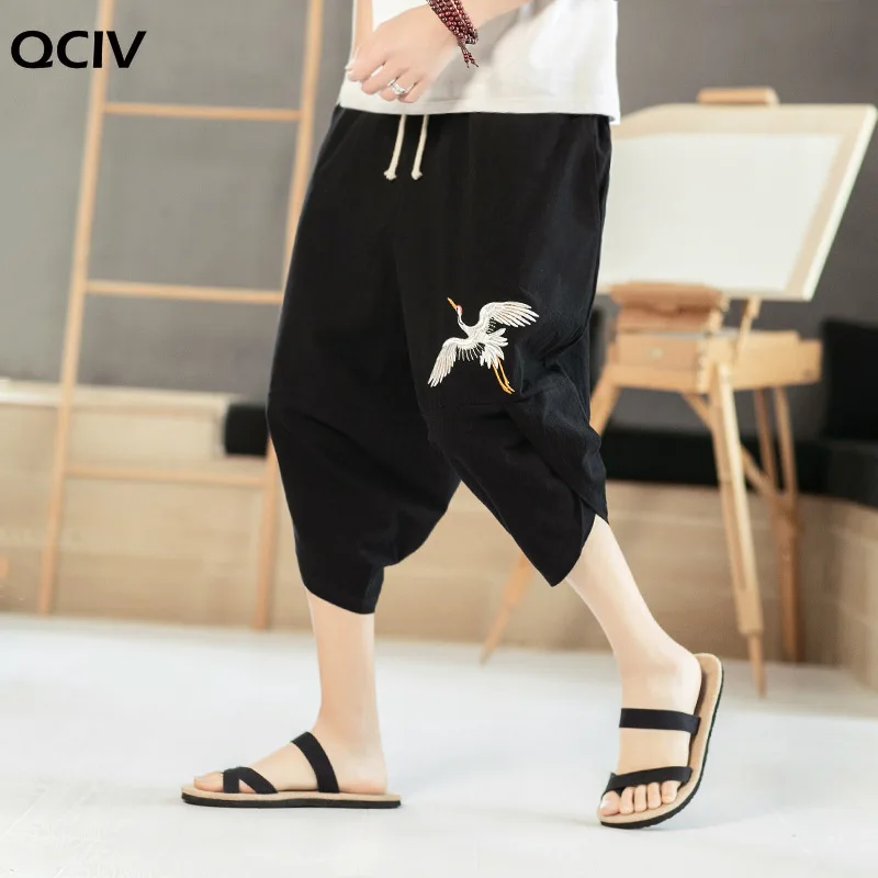 Брюки кимоно мужские с принтом журавлей модные штаны в японском стиле Харадзюку