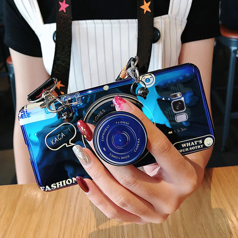 3D Camera case for Samsung Galaxy S7 S8 S9 S10 plus S10e S10lite note10 9 8 S22 Soft tpu cover coque with Lanyard stand holder