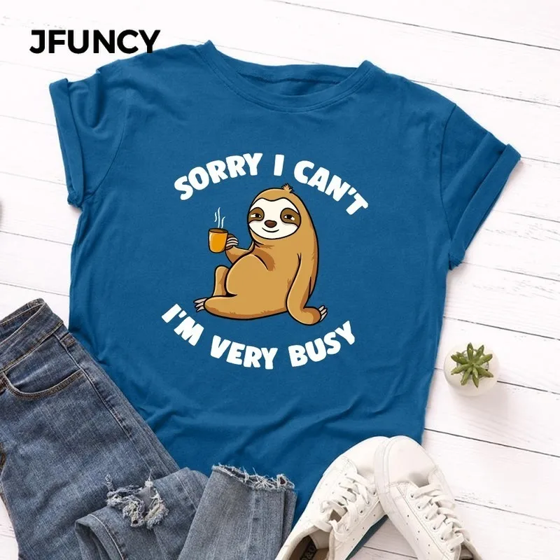 JFUNCY Summer 100% Cotton Women T Shirt  Loose Short Sleeve Woman T-shirt Funny Sloth Print Tees Tops Female Tshirt